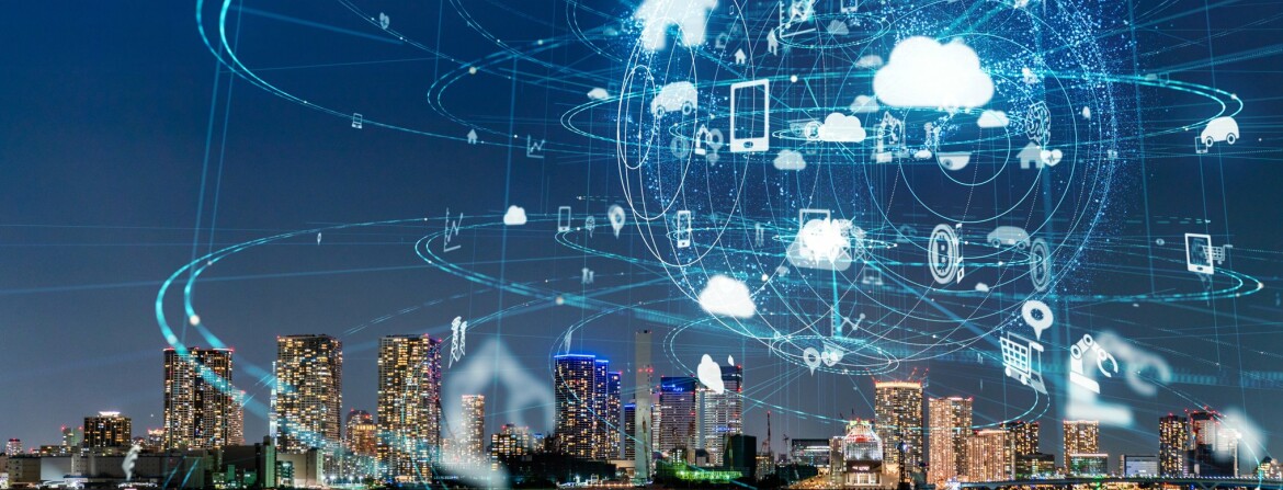 City scape swirling connections