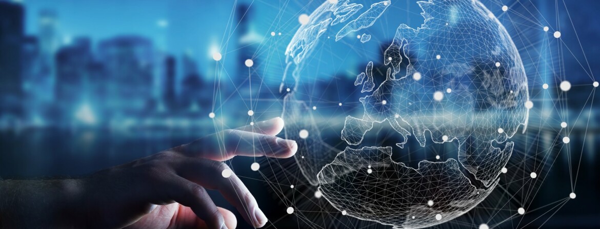 Hand touching digital world